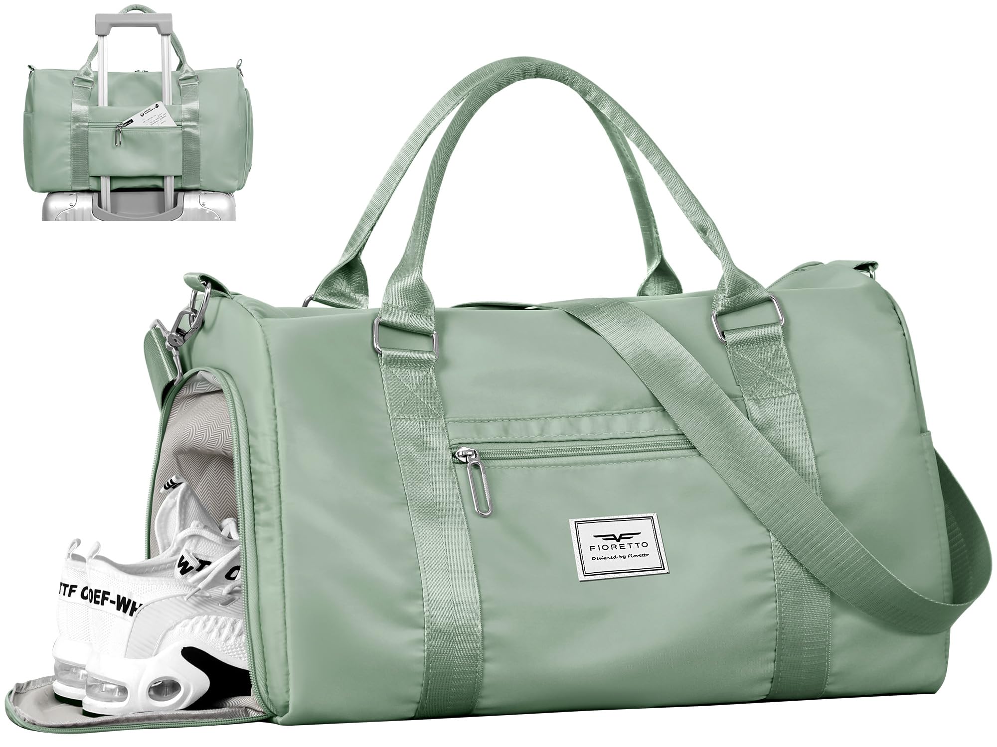 FIORETTO Womens Gym Tote Duffle Bag with Wet Pocket & Shoe Compartment, Sports Duffel Overnight Weekender Hospital Workout Carry on Bag for Girls, Ideal for Travel, Swimming, Dance, Ballet Celadon