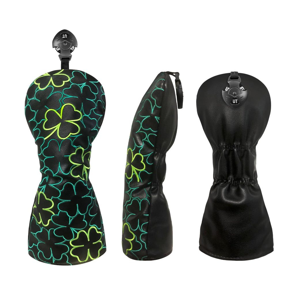 WTLJQQY Golf Club Head Covers - 1pc or Set Premium Leather Covers with Green Lucky Clover Embroidery for Driver, Fairway Wood, and Hybrid Clubs Headcover (1pc Hybrid Headcover)