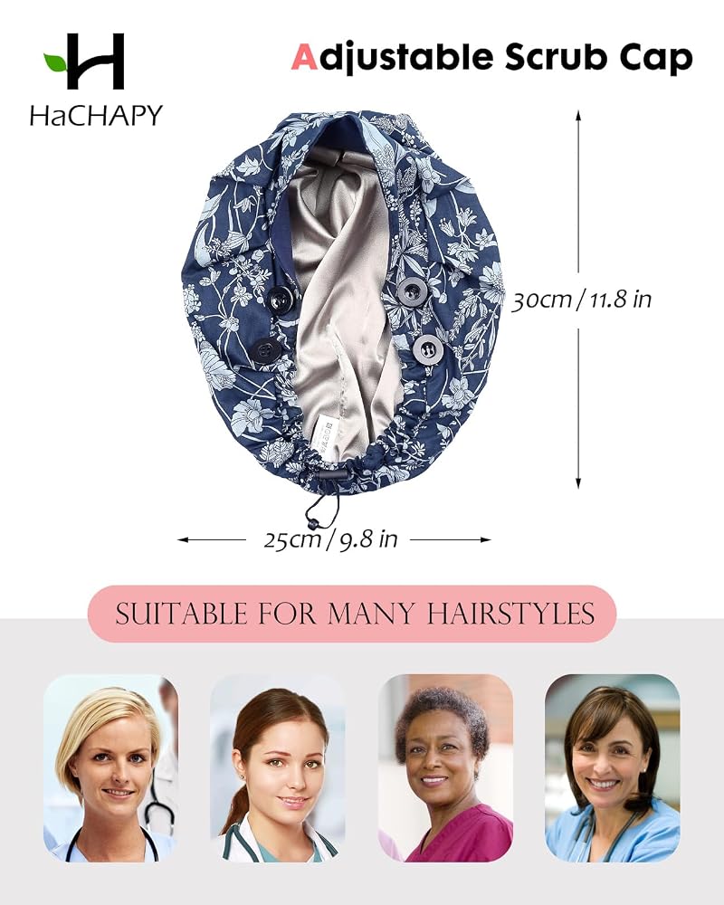 Satin Lined Bouffant Scrub Cap with 4 Buttons and Adjustable Back - Nurses Hair Cap (Natural Blue)