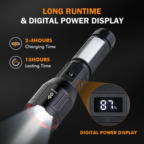 Flashlight Rechargeable High Lumens, 1,500,000L Super Bright LED Tactical Flashlights, High Powered Handheld Rechargeable Flash Light with 6 Modes, Type-C, Side Light, Long Runtime for Camping