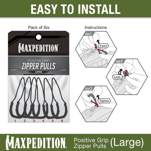 MAXPEDITION Zipper Pulls - Positive Grip Replacement for Tactical Gear | Large Black, Pack of 6
