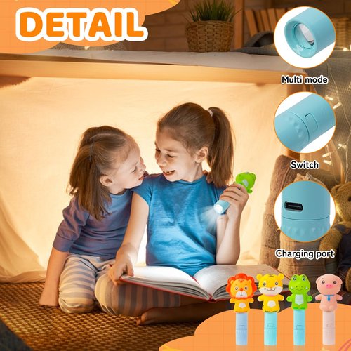 Darlur 4 Pack Small Mini Cute Kids Flashlight, Rechargeable Animal Flashlights for Boys Girls,Christmas Gifts Stocking Stuffers