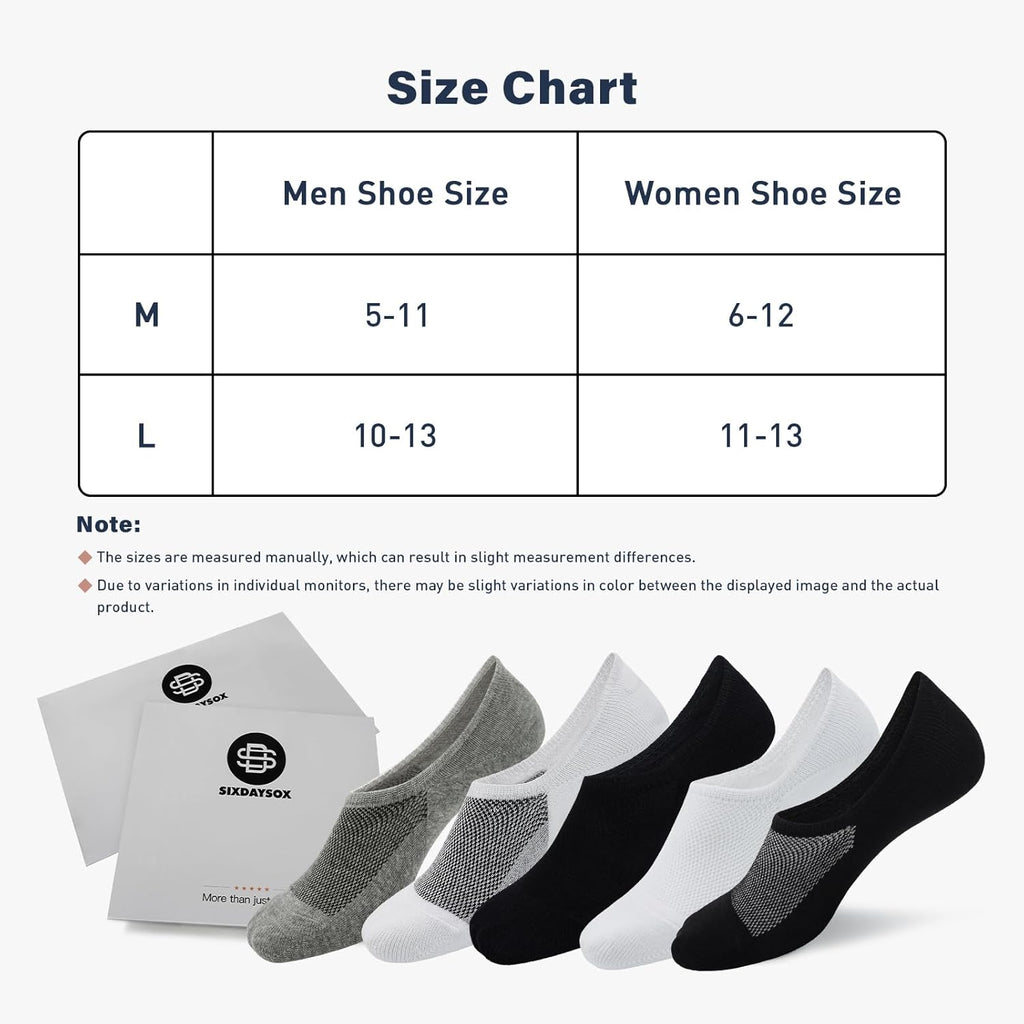 SIXDAYSOX No Show Socks for Men - 6/8 Pack of Invisible Low Cut Non-Slip Socks | Size 5-11/10-13