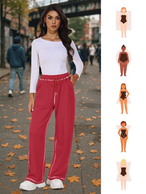 Feiersi Women's Wide Leg Sweatpants Soft Trendy Drawstring Baggy High Waisted Casual Trousers Jogger Sweat Pants(Red,Large)