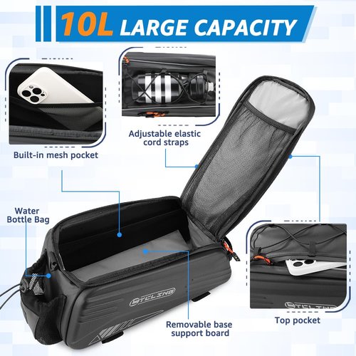 WOTOW Bike Rear Rack Bag - 10L Hard Shell Waterproof Bike Trunk Pannier with Shoulder Strap, Reflective Bicycle Rear Rack Saddle Seat Bag for Travel Outdoor Cycling Ebike Accessories