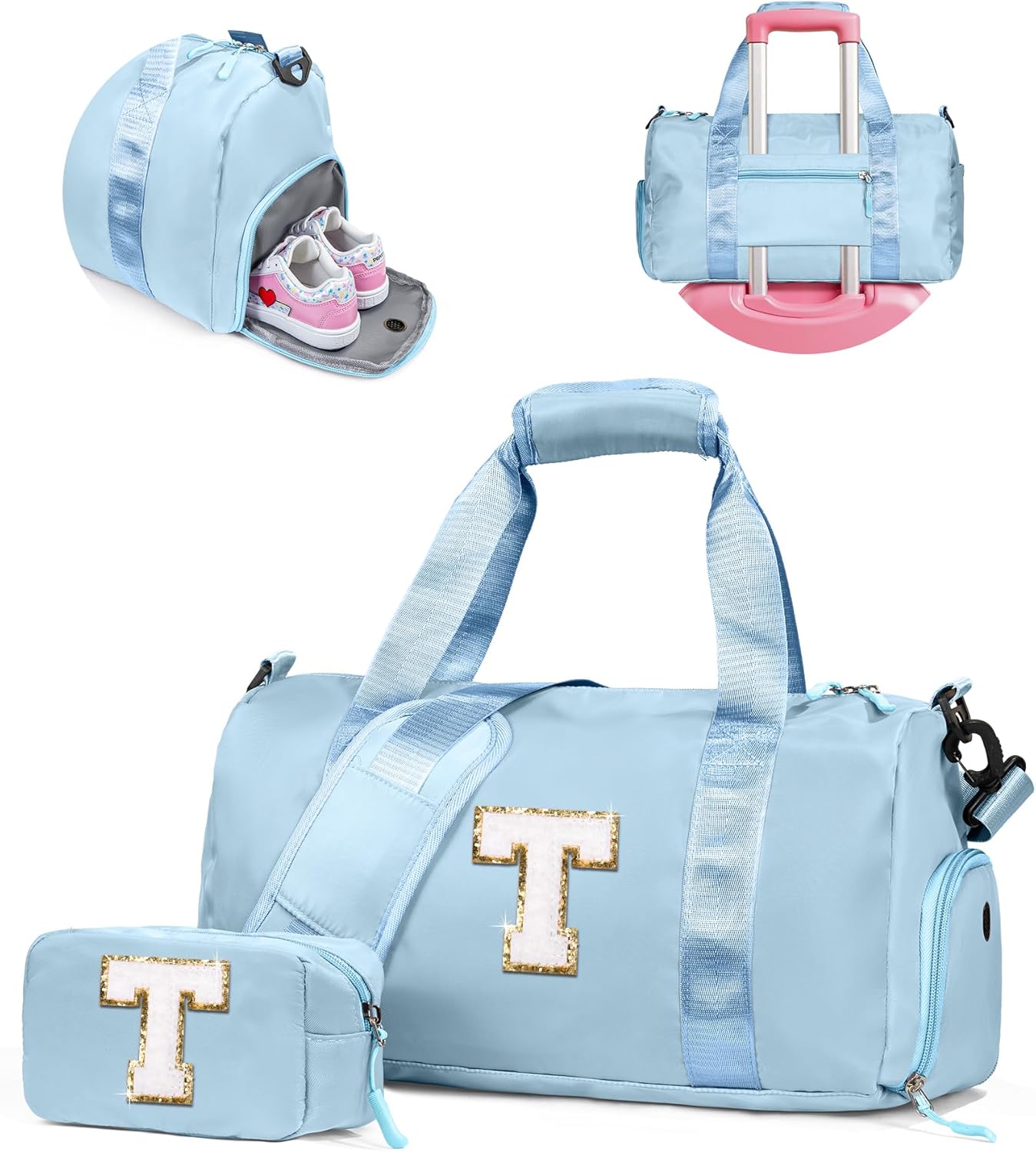 Skiennix Girl's Gym Bag - Trendy Weekender Tote with Shoe Compartment & Makeup Pouch | Personalized Gift for Ages 3-7 (Letter T)