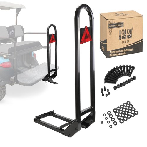 10L0L Universal Golf Cart Rear Seat Safety Grab Bar Fits Club Car, EZGO, for Yamaha with Safety Triangles Red Directive Design (Trailer Hitch Not Included)