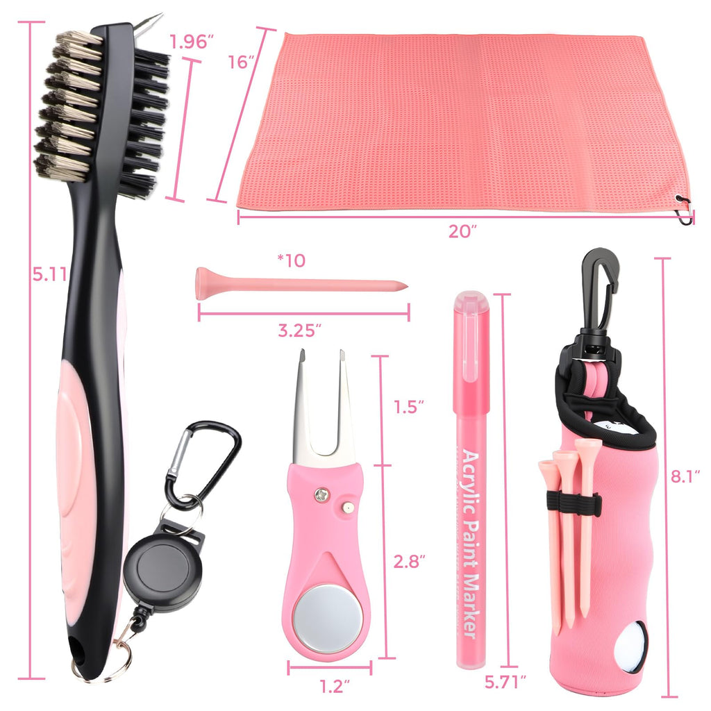 Pink Golf Accessories for Women, Acrylic Paint Ink 16 Pcs Golf Essentials Kit - Golf Club Brush & Golf Towel, Tee & Ball Holder for Bag, Divot Tool & Ball Maker, Golf Club Cleaning Kit - Golf Gifts