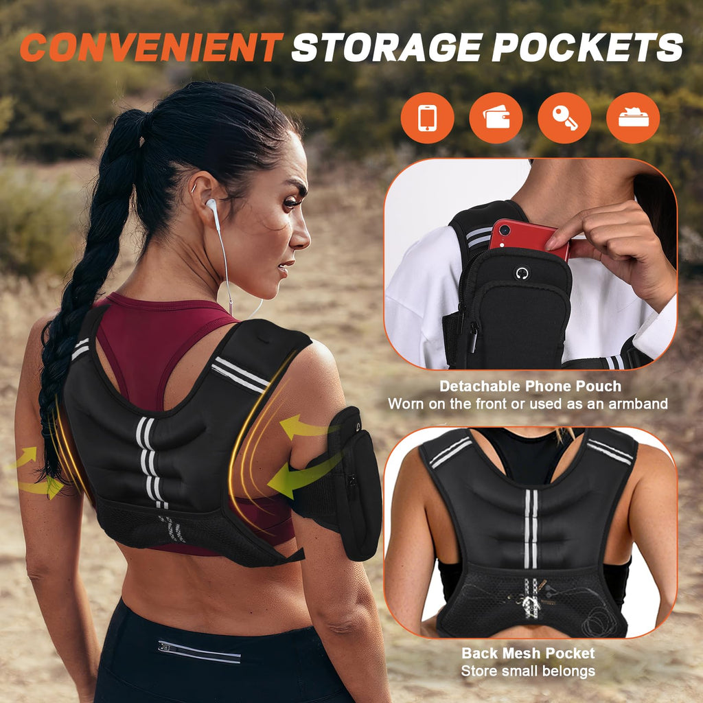 Weighted Vest for Women Men, 8lb/12lb/16lb/20lb Weighted Running Vest with Reflective Stripe, Detachable Phone Pouch for Workout, Walking, Strength Training, Weight Loss, Fitness, Jogging,12LB