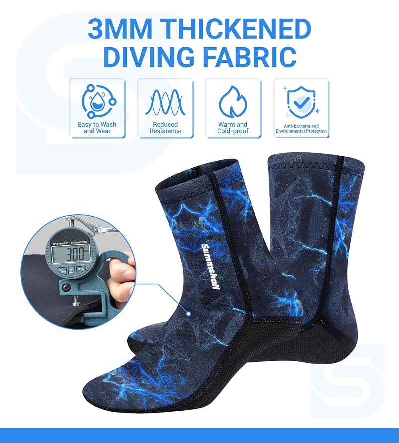 Neoprene Socks 3mm With Velcro - Anti-Slip Water Sports Socks, Blue-Camo, Large