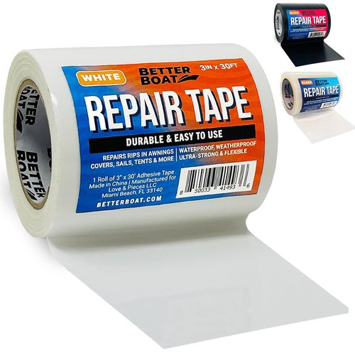 Better Boat Repair Tape for Fabric and Vinyl 30ft x 3in, White Waterproof Patch Tape for RV Awning Canvas Tent Tarp Sail Canopy Boat Cover, Heavy Duty