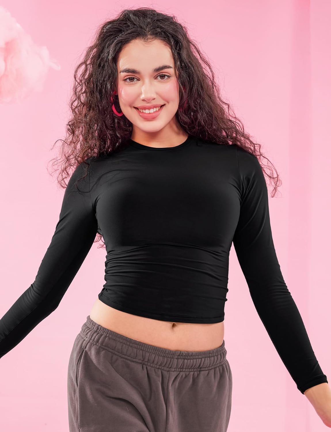 YEOREO Long Sleeve Women's Shirt - Y2K Basic Tee with Double Lining & Crew Neck | Perfect for Workouts
