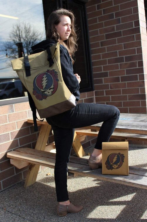 Ripple Junction Grateful Dead Canvas Roll Top Backpack Bag w/Vegan Leather Reinforced Bottom Dual Adjustable Shoulder Straps Steal Your Face Logo Officially Licensed