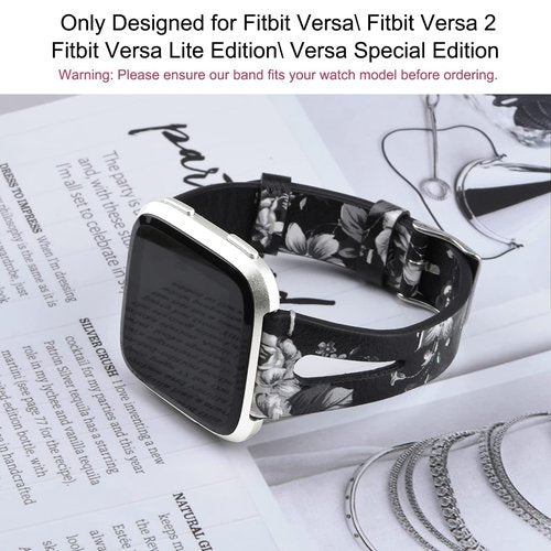 TOYOUTHS Leather Strap Compatible with Fitbit Versa 2/Versa Lite/Versa Bands Women Men Genuine Leather Wristbands with Breathable Hole Replacement for Versa 2 Special Edition, Black/Grey Floral