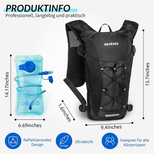 GRIO Lightweight Running Hydration Vest - 2L Water Bladder for Hiking, Cycling & Running