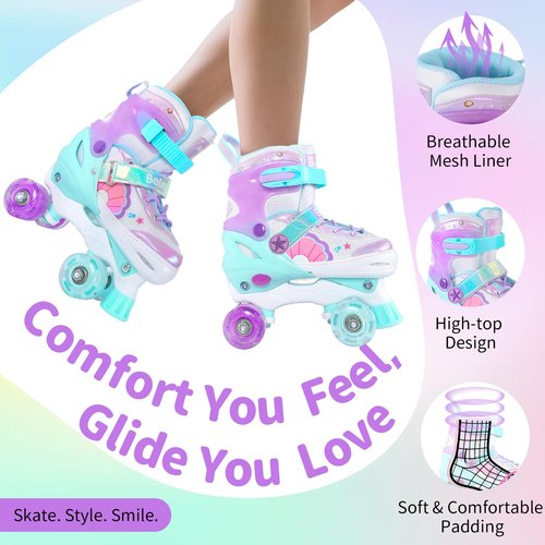 BELEEV Kids Roller Skates for Girls, 4-Size Adjustable Quad Skates with 8 Light-Up LED Wheels & Bonus Shoe Lace, Safe & Fun for Toddlers Children Beginners, Ideal Birthday