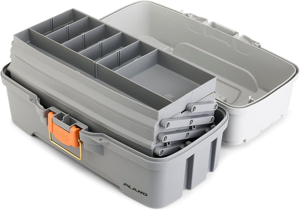 Plano Tackle Box - Three-Tray Design with Rust-Proof Brass Latch | Light Grey/Dark Grey, Portable Fishing Organizer