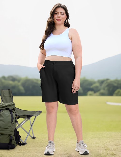 FORYEOND Plus Size Shorts for Women Lightweight Quick Dry Cargo Bermuda Shorts with Pockets Casual Summer, Black, 2XL