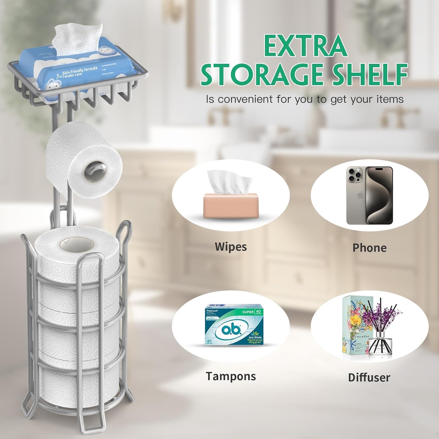 TomCare Toilet Paper Holder Stand - Free Standing Tissue Paper Dispenser with Storage Shelf | Metal Bathroom Organizer