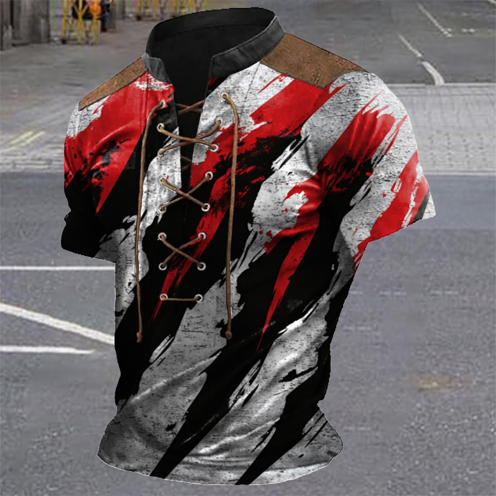 MARSVOVO Tactical Polo Shirts for Men Lace Up Patchwork Neck Cowboy Western Totem Camo Print Lightweight Short Sleeve Drawstring Classic Workout Undershirt 3XL