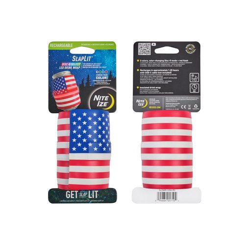 Nite Ize SlapLit Rechargeable LED Drink Wrap - Patriotic Can Wrap for Beer, Soda & More - Multiple Lighting Features - Weather-Resistant Drink Holder to Keep Cans Cold - USA, Disc-O Select