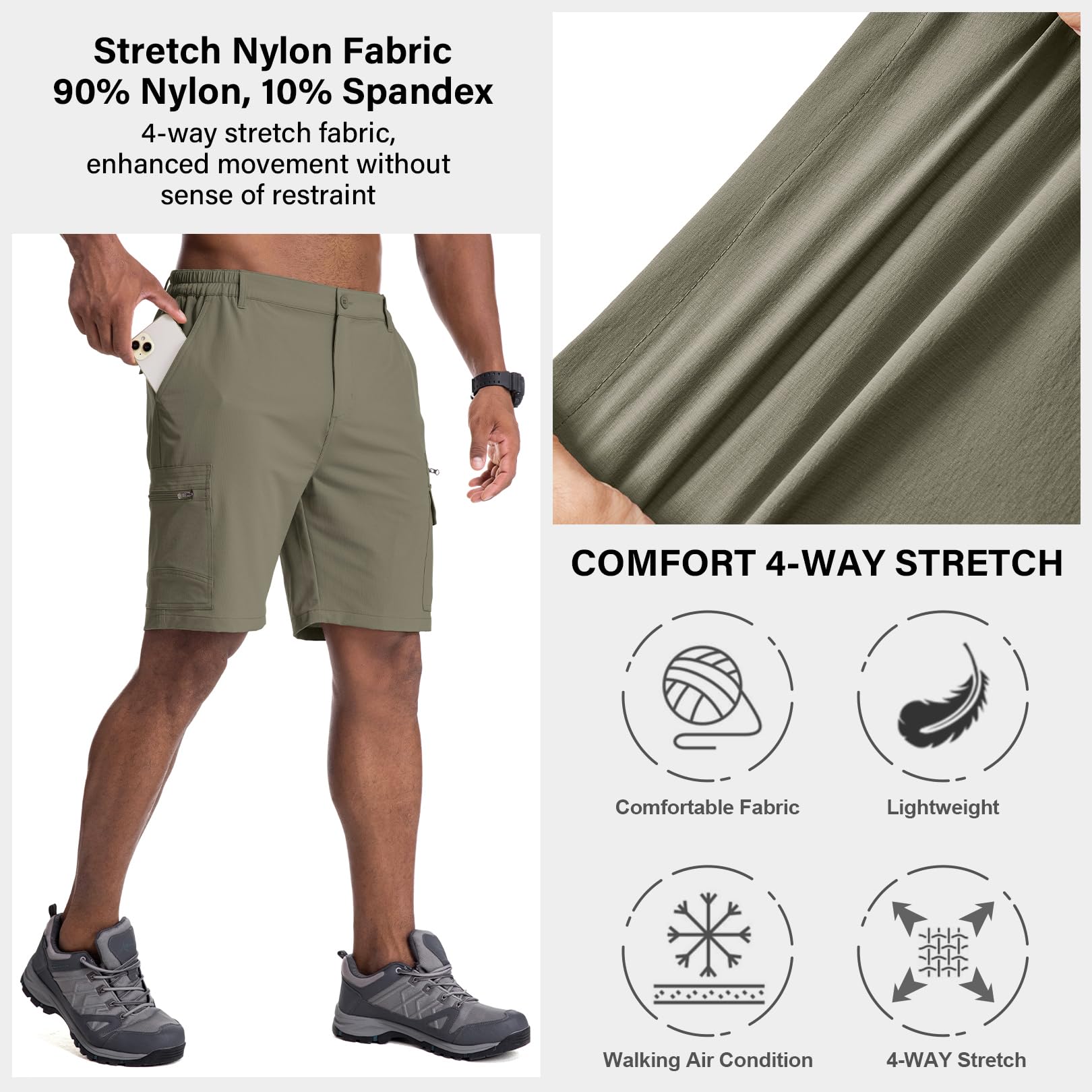 Jessie Kidden Mens Outdoor Casual Expandable Waist Lightweight Water Resistant Quick Dry Fishing Hiking Shorts (Light Green, 42)