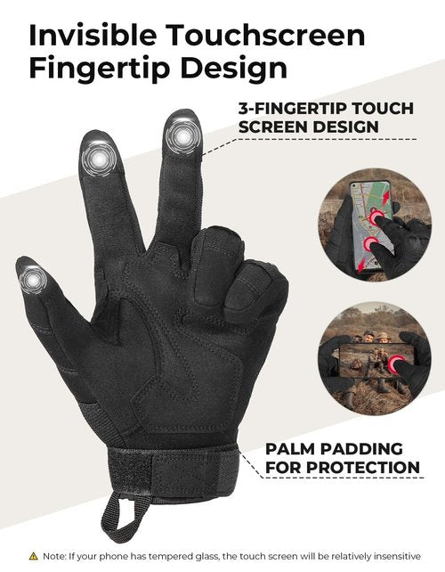 KEMIMOTO Tactical Gloves for Men, Touchscreen Motorcycle Gloves with Hard Shell & Palm Padding for Sports Motorcycle Cycling Tactical Airsoft Paintball Hunting Hiking Camping Climbing (Black,Medium)