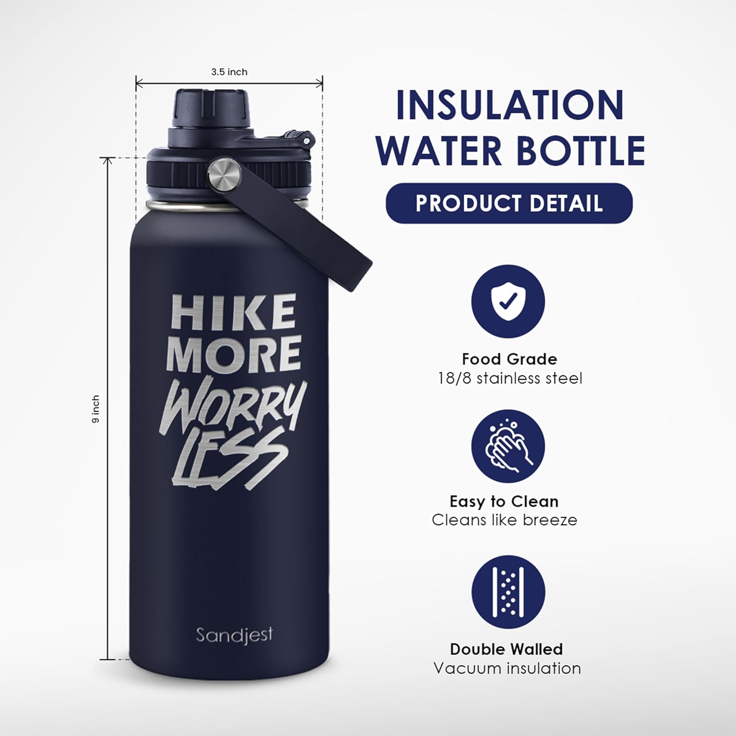 SANDJEST Insulated Stainless Steel Water Bottle - 32oz Vacuum Chug Lid for Hiking | Perfect Gift for Adventurers