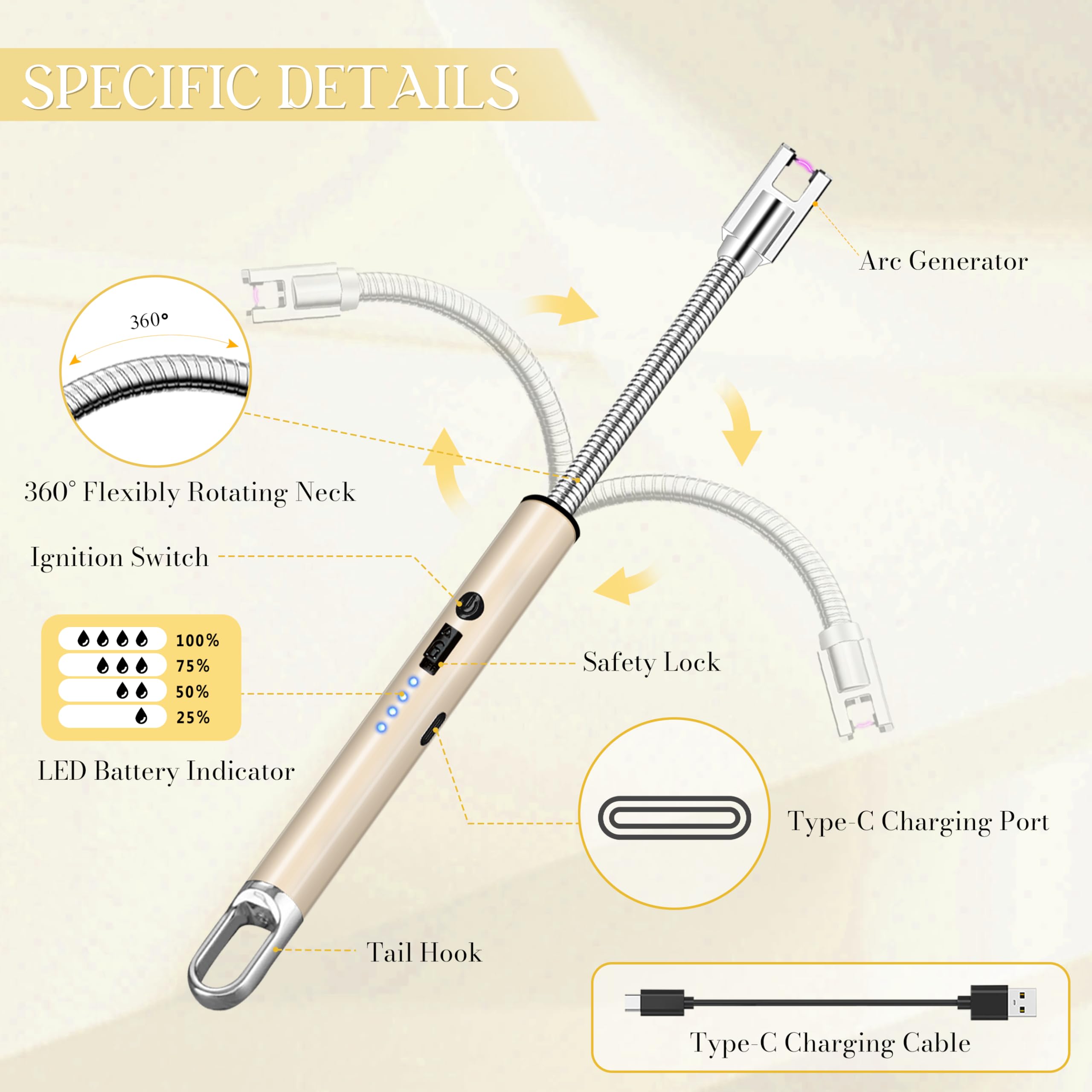 Electric Lighter, Candle Lighter Flameless Windproof with 360° Flexible Neck & LED Power Display, Type C Arc Rechargeable Lighters for BBQ, Camping, Cooking, Gift for Christmas, Thanksgiving, Birthday