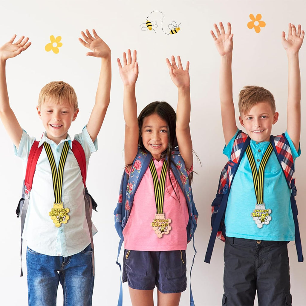 Remuuly Spelling Bee Honeycomb Medals - 1st, 2nd, 3rd Place Awards with Neck Ribbon | 3.2 x 2.8 Inches (Classic)