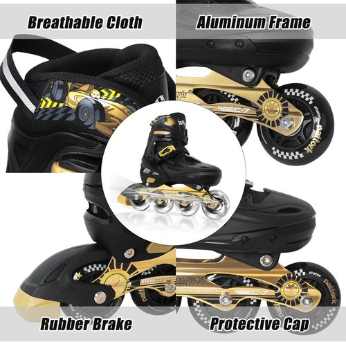 Kids Inline Skates Cool Racing Car Decoration Blades Roller for Boys Girls - Golden for Teenagers Youth Age 10 11 12 - Adjustable All Light up Wheels Indoor Outdoor Birthday Gift for Son and Grandson