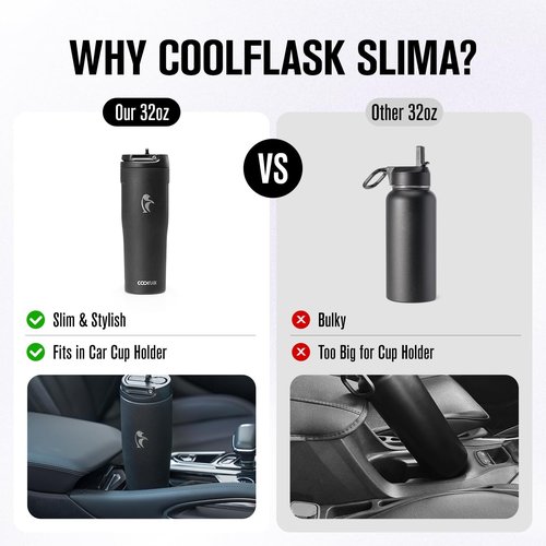 Coolflask Water Bottle 32 Oz - Slim Stainless Steel Tumbler with Straw & Handle | Leakproof for Travel & Gym, Black