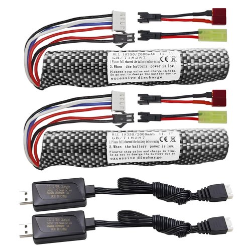 Fytoo 2PCS 3S 11.1V 2000mAh Li-ion Battery SM-2P Plug Connector with USB Charging Cable for Airsoft Gel Water Ball Blaster Airsoft Gel Ball Blaster Replacement Batteries