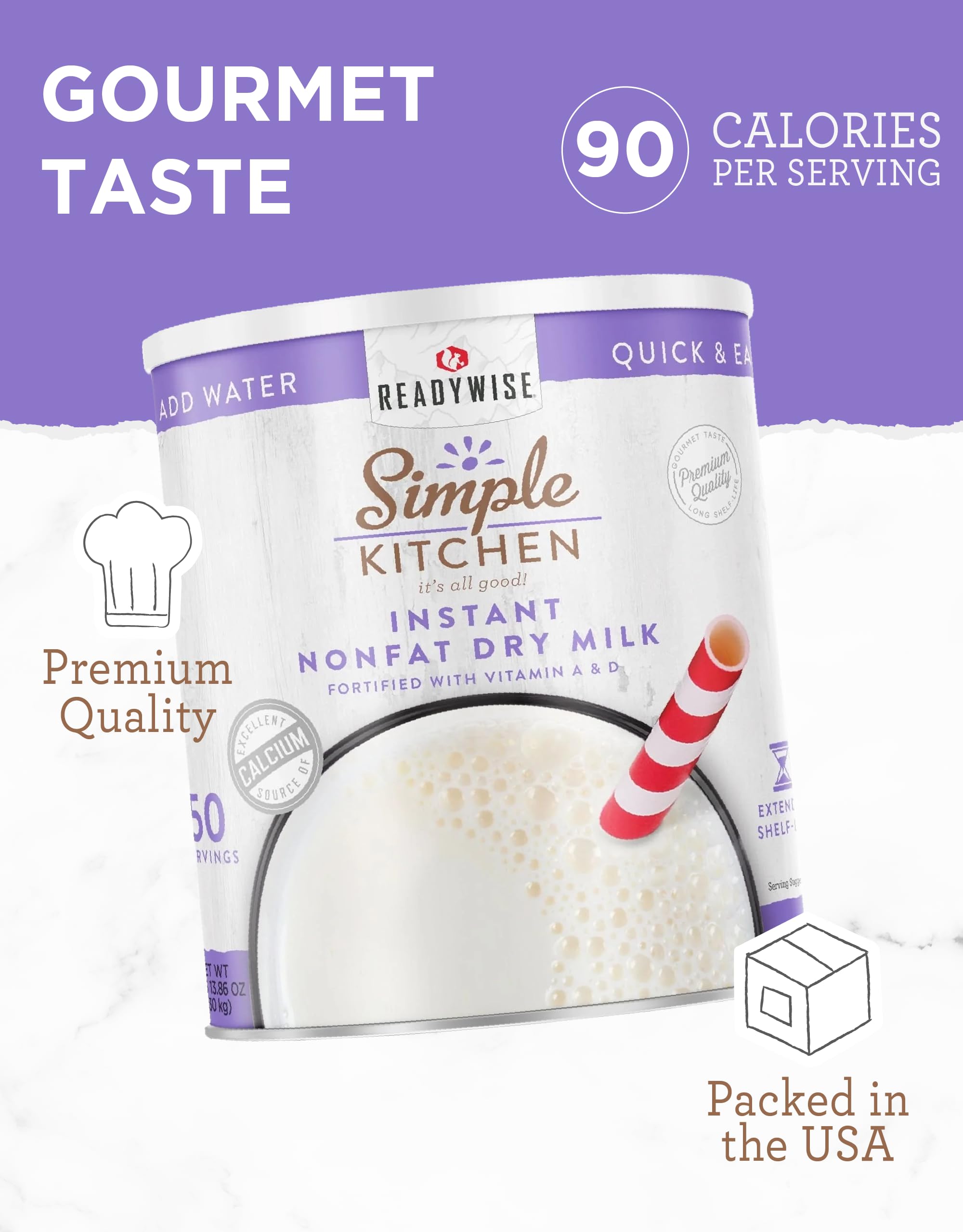 Simple Kitchen Instant Nonfat Dry Milk Powder - 50 Servings #10 Can, Non Fat Powdered Milk Bulk, Dried & Vitamin D Fortified, Daily Use & Emergency Food Long Term Storage, up to 25 Year Shelf Life