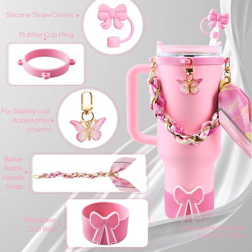 5PCS Butterfly Cup Accessories for Stanley Owala, Water Bottle Handle Strap for Stanley 30/40 oz, Including Straw Toppers, Silicone Cup Boot, Keychain Charms, Cup Decoration for Women Girls, Pink