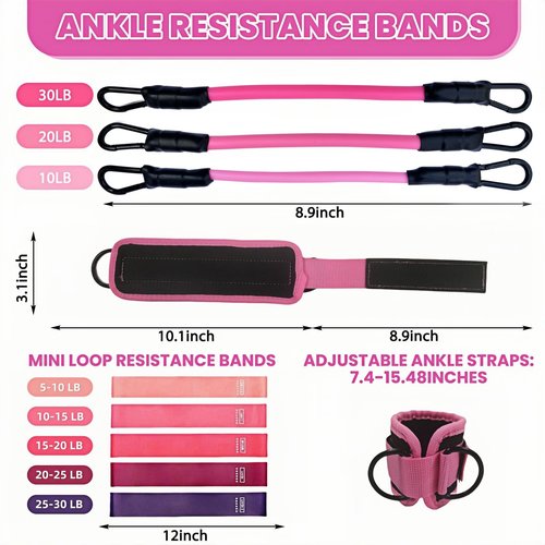 Women's ankle resistance band elastic band set - Hip workout equipment for kickback hip fitness training, female hip lift exercise belt，Natural Rubber Leg Hip Glute Workout Bands, Includes Storage Bag