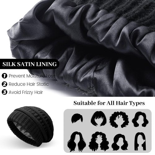 Ultrafun Womens Winter Beanie Hat Scarf Gloves Set, Satin Lined Slouchy Beanie Knit Scarf Touchscreen Gloves, Warm 3 Gift Set (Black)