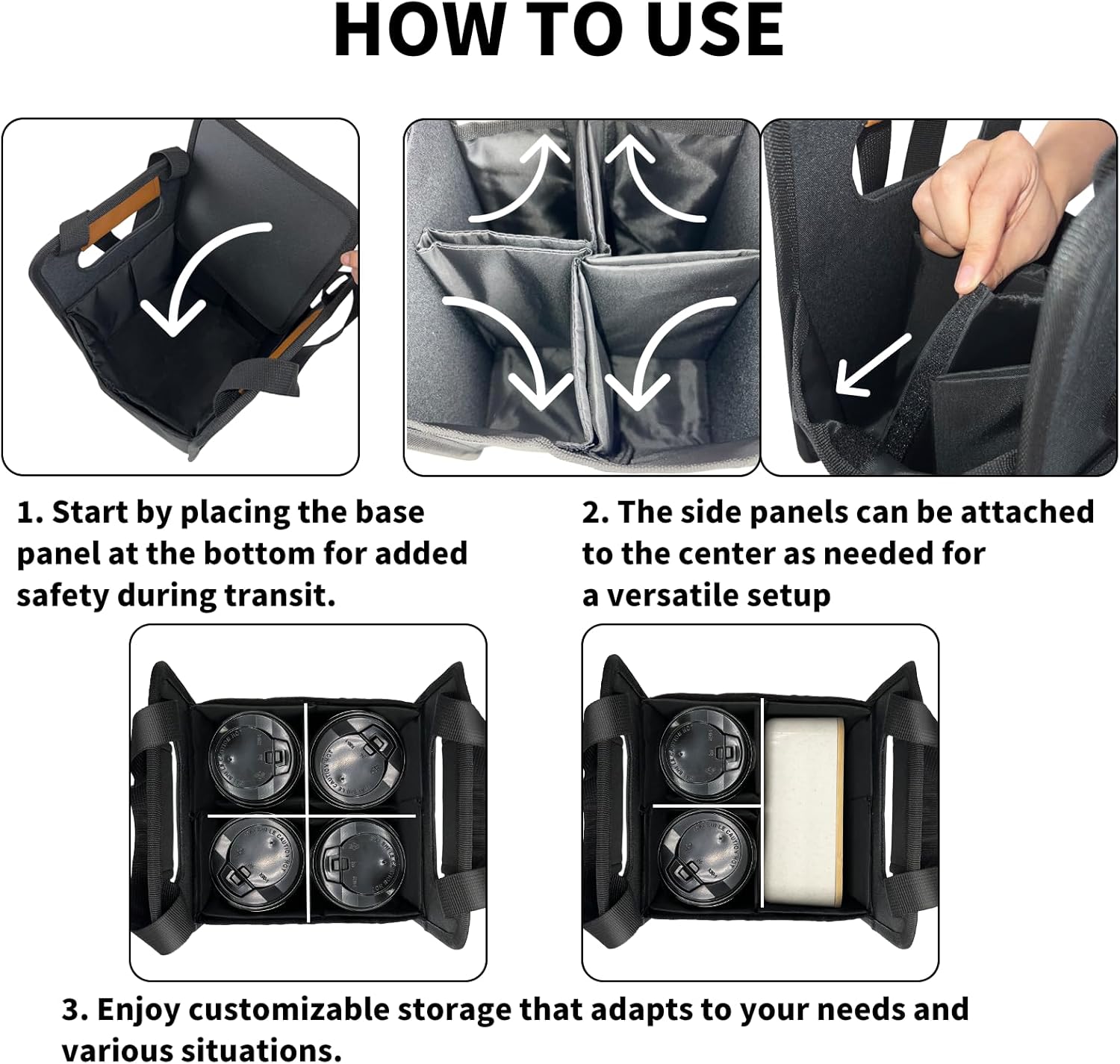 Skiennix Reusable 4-Cup Drink Carrier - Insulated Caddy with Adjustable Dividers | Foldable Black Holder for Hot & Cold Beverages