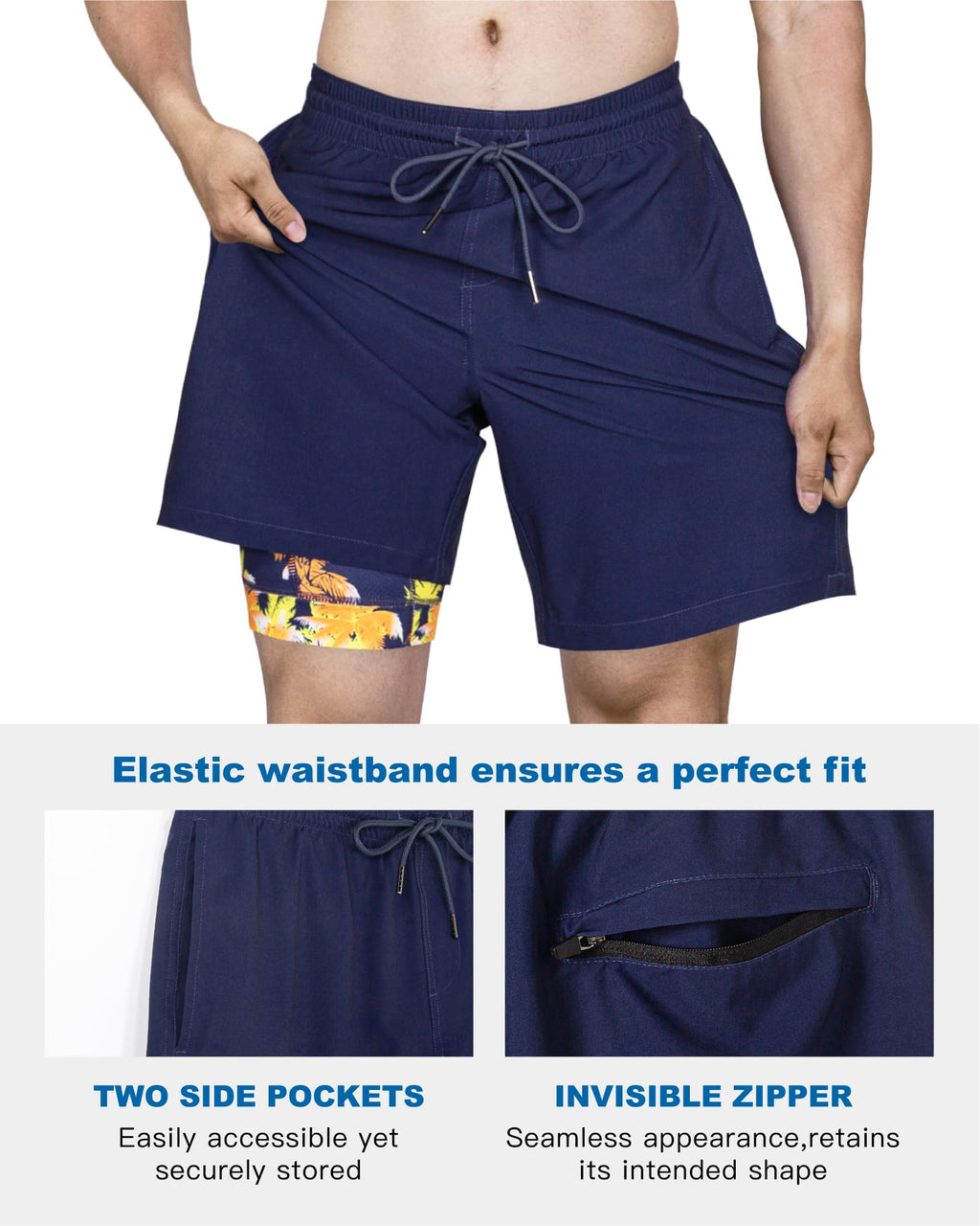 SURF CUZ Mens Swim Trunks with Compression Liner Quick Dry Swim Shorts 7" Swimming Trunks Stretch Bathing Suit Zipper Pockets,03 Navy,XXL