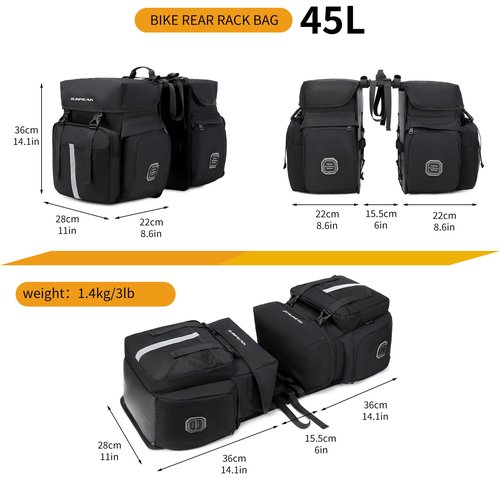 Sunpeak Bike Bag Accessories Panniers for Bicycle Rear Rack Bag 45L Waterproof Mountain Electric Bike Saddle Bag for Cycling Traveling Commuting Black
