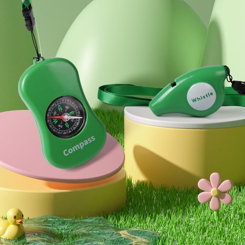 Kids Explorer Kit Compass Toy | Essential Outdoor Adventure Gear (Compass & Whistle Included) | Develops Sense of Direction, Gift for Boys & Girls（Green-com*Whistle）