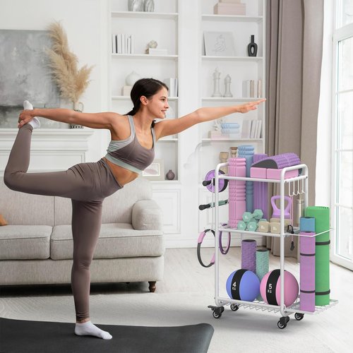 Multi-Functional Home Gym Storage Rack - Yoga Mat Storage Rack, Dumbbell Weight Rack & Workout Equipment Storage with Heavy-Duty Steel Construction for Gym Fitness Organizer (White)