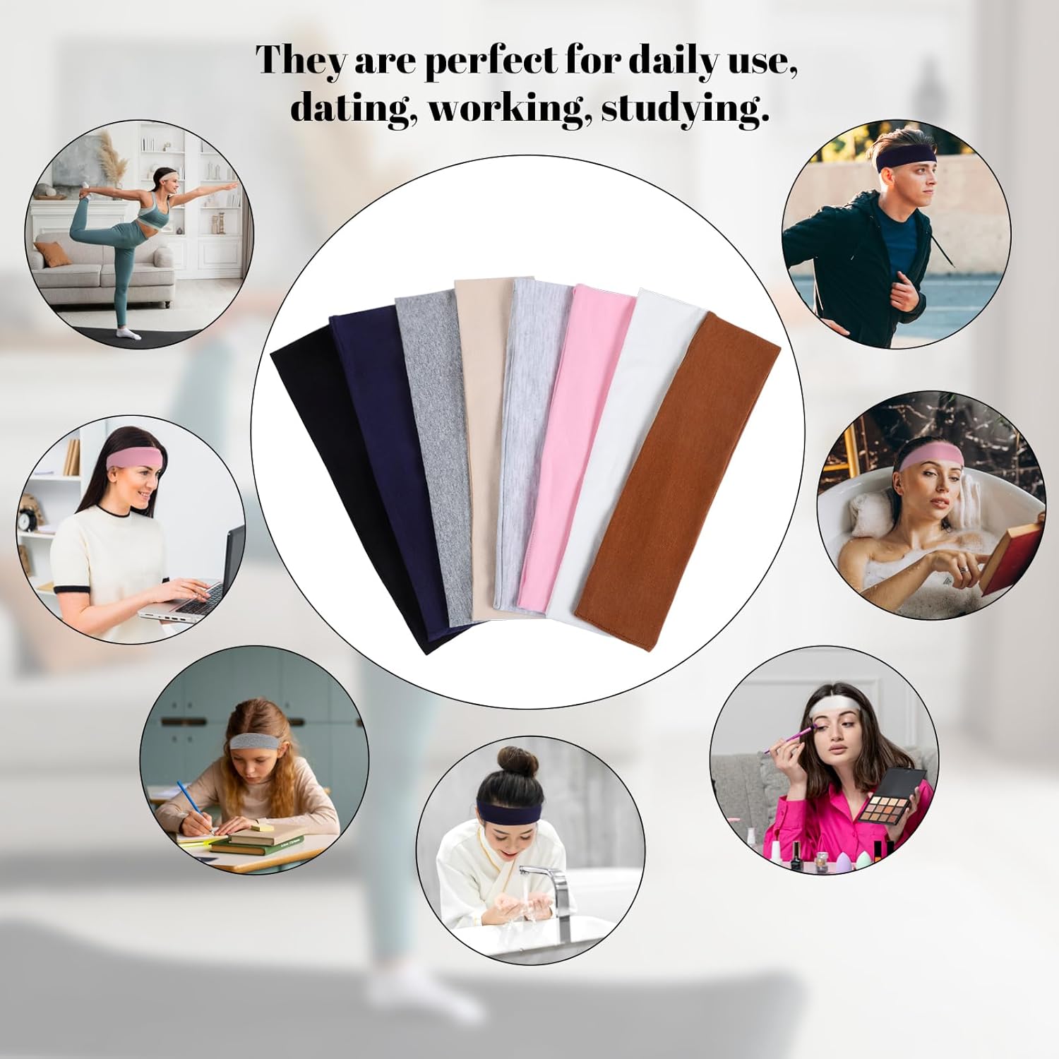 Obeoby 8 Pack Sport Headbands - Non-Slip Cotton Hair Bands for Women | Sweat Absorbing & Comfortable