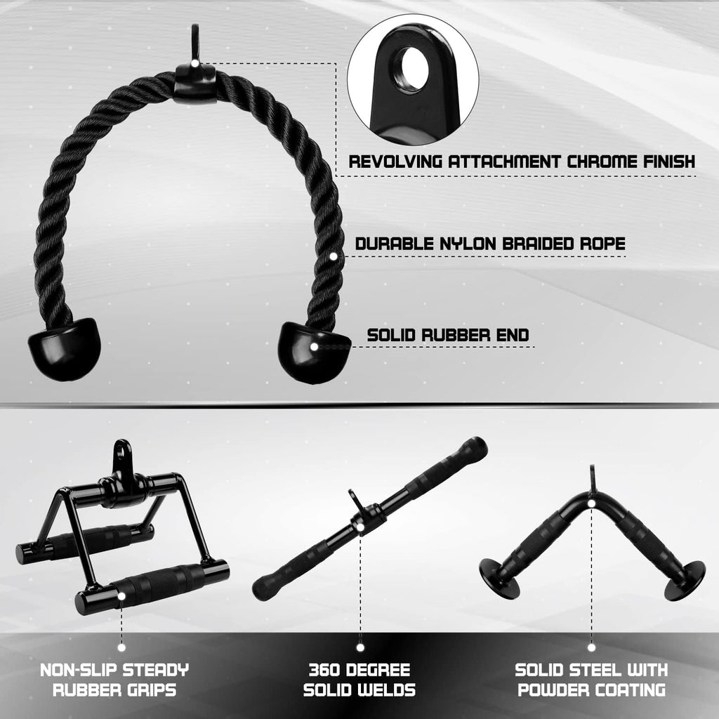 Yes4All Cable Machine Attachment - Versatile Row Handles, Tricep Rope & Straight Bar | Supports 880 LB for Home Gym