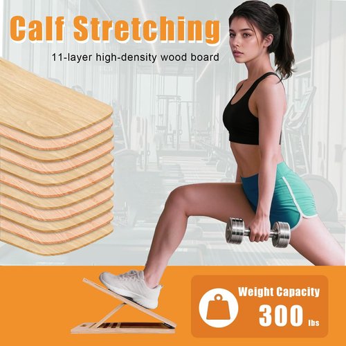 Wooden Slant Board for Calf Stretching, Adjustable Calf Stretch Board with Training Poster & Resistance Bands, 300lb Weight Capacity Calf Ankle Achilles Physical Therapy Leg Exercisers Portable