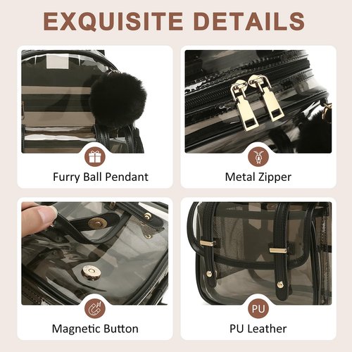 Clear Backpack for Stadium Events, 12x 12x 6 Small Transparent Backpack PVC Mini See Through Bag for Women Girls for Concert Festival, Semi-Black
