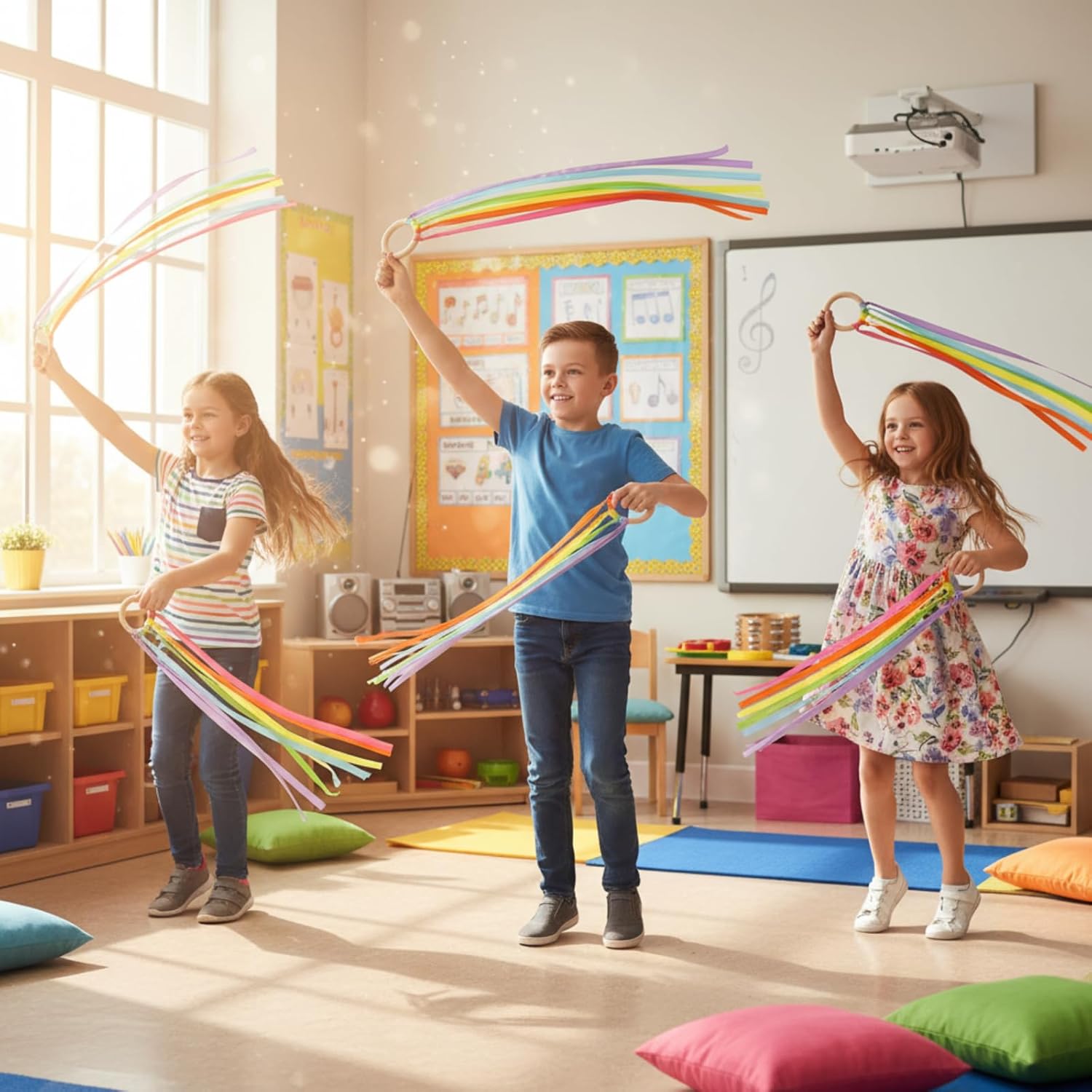 Sumind Rainbow Ribbon Hand Kites - 6 Pcs Colorful Streamer Wands for Kids | Educational Dance Toy