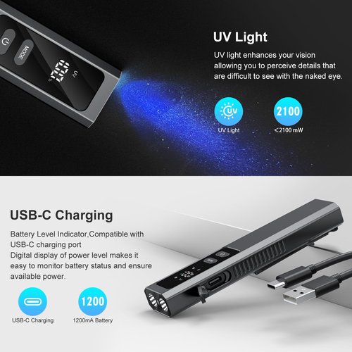 5-in-1 Rechargeable EDC Flat Flashlight, 1000 Lumens Pocket Torch with White LED, Green Beam, UV, Magnetic Base & Clip, Compact Flat Flashlight for Camping, Emergency, Work with Bag LT010 (Black)