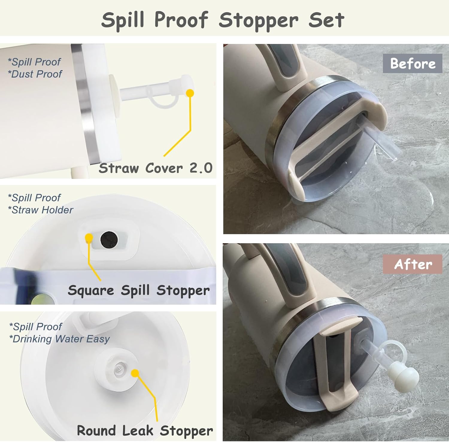 Stanley Cup Accessories Set - 2 Straw Covers, Silicone Spill-Proof Stopper & Flower Charm | Fits 40 & 30 Oz Tumblers (Cream)