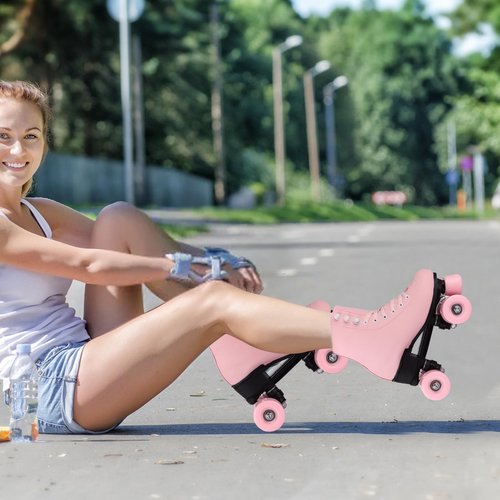 HALOSK Outdoor Roller Skates for Women Girls Boys and Youth, Pink Derby Quad Rollerskates with Light up Wheels, High-top Leather Suitable for Indoor Outdoor Size US 8